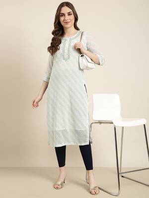 women's calf length round neck turquoise blue geometric straight kurta 1