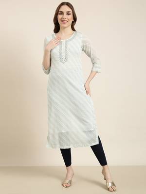 women's calf length round neck turquoise blue geometric straight kurta 2