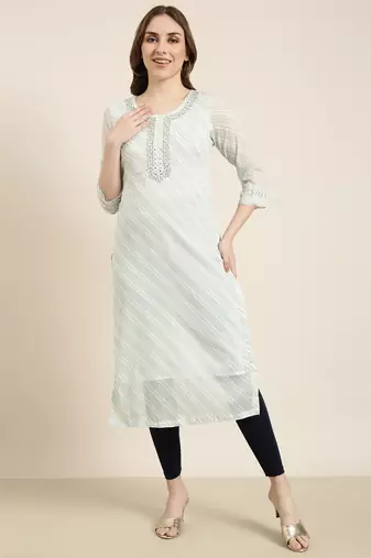 women's calf length round neck turquoise blue geometric straight kurta