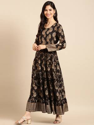 women's ankle length round neck black ethnic motifs a-line kurta 4