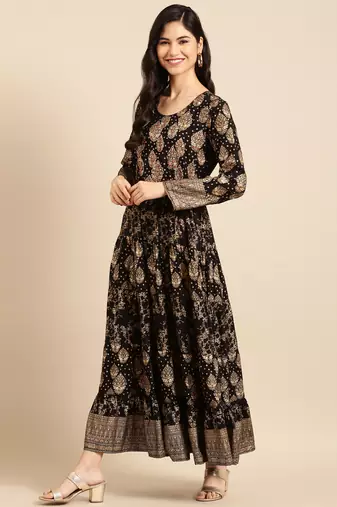 women's ankle length round neck black ethnic motifs a-line kurta