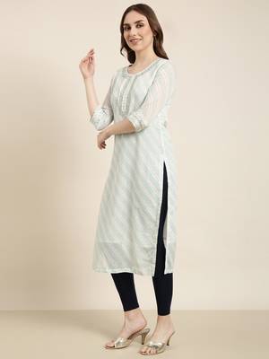 women's calf length round neck turquoise blue geometric straight kurta 3