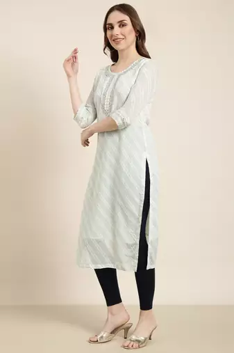 women's calf length round neck turquoise blue geometric straight kurta