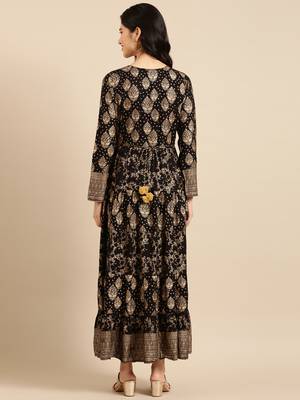 women's ankle length round neck black ethnic motifs a-line kurta 5