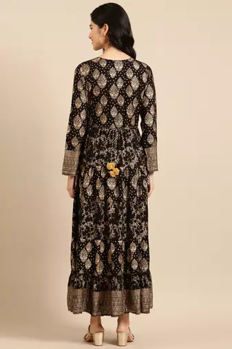 women's ankle length round neck black ethnic motifs a-line kurta