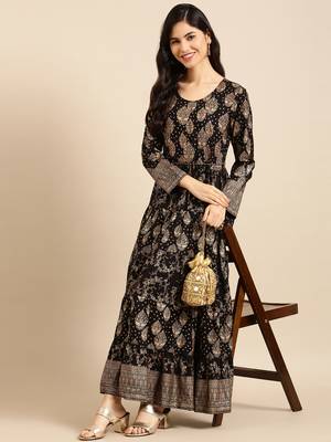 women's ankle length round neck black ethnic motifs a-line kurta 1