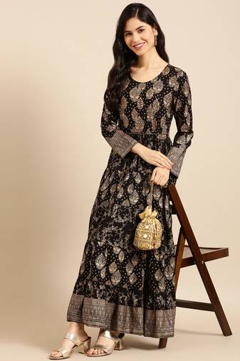 women's ankle length round neck black ethnic motifs a-line kurta