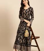 women's ankle length round neck black ethnic motifs a-line kurta