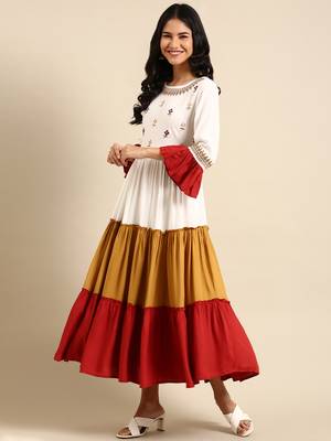 women's ankle length round neck multi colourblocked anarkali kurta 4