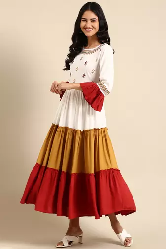 women's ankle length round neck multi colourblocked anarkali kurta