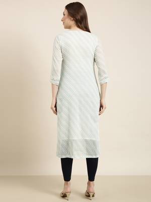women's calf length round neck turquoise blue geometric straight kurta 4