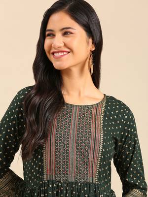 women's calf length round neck green ethnic motifs anarkali kurta 2