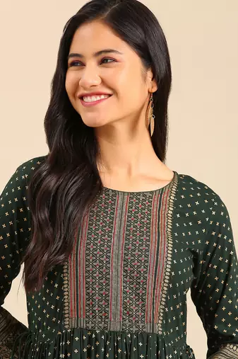 women's calf length round neck green ethnic motifs anarkali kurta