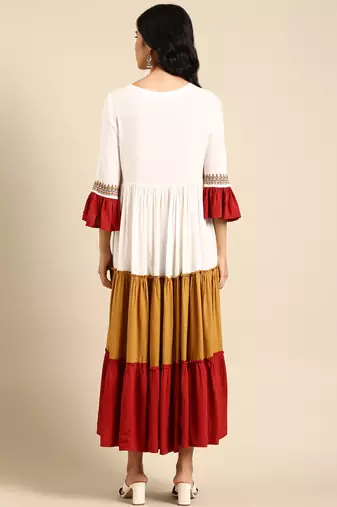 women's ankle length round neck multi colourblocked anarkali kurta
