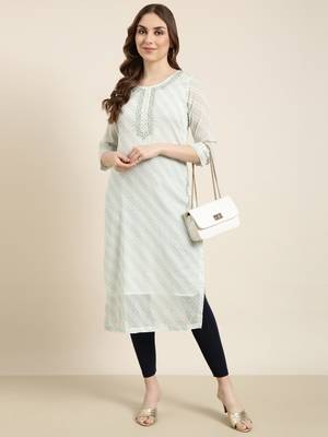 women's calf length round neck turquoise blue geometric straight kurta 5