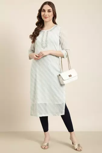 women's calf length round neck turquoise blue geometric straight kurta