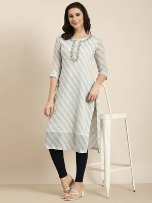 women's calf length round neck white abstract straight kurta 1