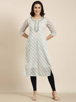 women's calf length round neck white abstract straight kurta 2