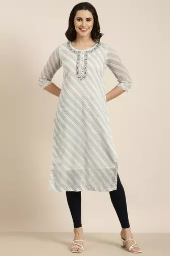 women's calf length round neck white abstract straight kurta
