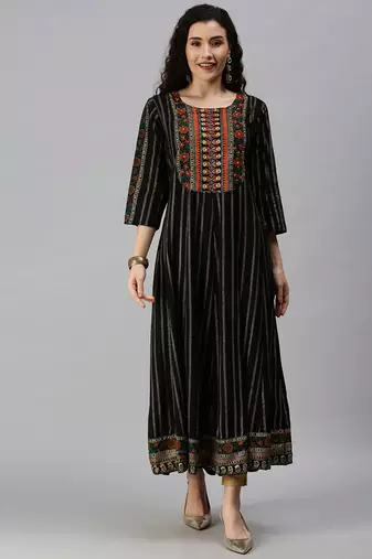 women's calf length round neck black striped anarkali kurta