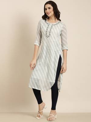 women's calf length round neck white abstract straight kurta 3