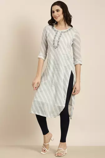 women's calf length round neck white abstract straight kurta
