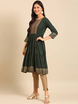 women's calf length round neck green ethnic motifs anarkali kurta 1