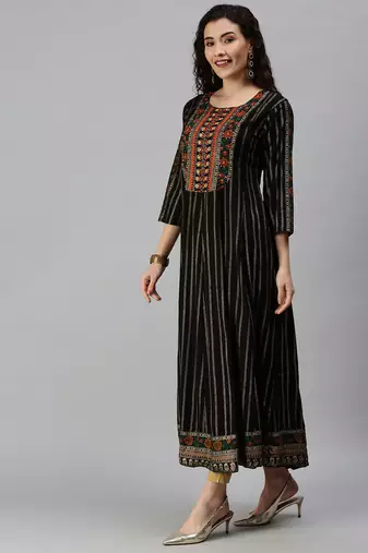 women's calf length round neck black striped anarkali kurta