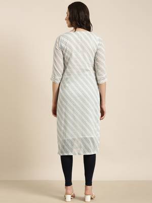 women's calf length round neck white abstract straight kurta 4