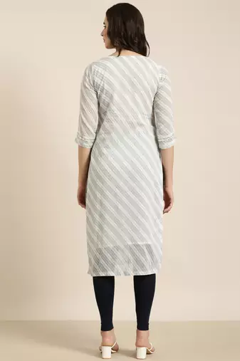 women's calf length round neck white abstract straight kurta