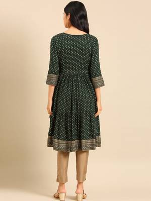women's calf length round neck green ethnic motifs anarkali kurta 5