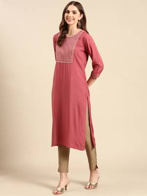 women's calf length round neck mauve solid straight kurta 5