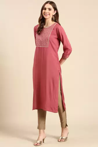 women's calf length round neck mauve solid straight kurta