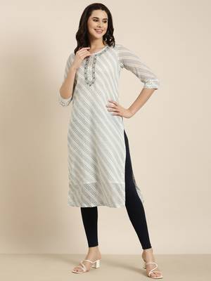 women's calf length round neck white abstract straight kurta 5