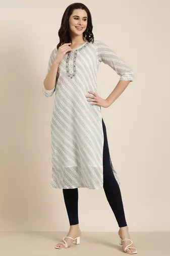 women's calf length round neck white abstract straight kurta