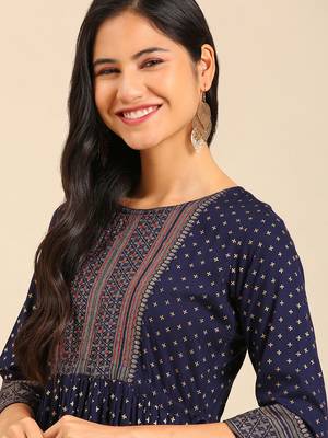 women's calf length round neck navy blue ethnic motifs anarkali kurta 2