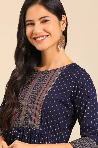 women's calf length round neck navy blue ethnic motifs anarkali kurta