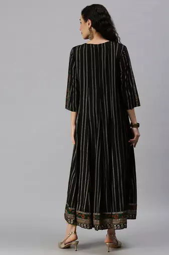 women's calf length round neck black striped anarkali kurta