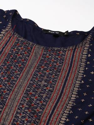 women's calf length round neck navy blue ethnic motifs anarkali kurta 3
