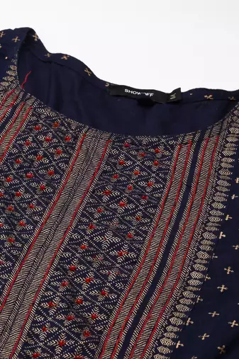 women's calf length round neck navy blue ethnic motifs anarkali kurta