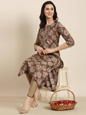 women's calf length round neck brown abstract straight kurta 1