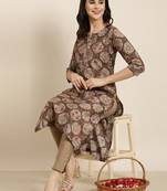 women's calf length round neck brown abstract straight kurta