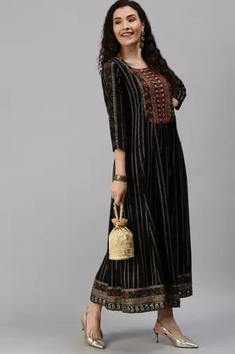 women's calf length round neck black striped anarkali kurta