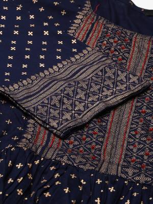 women's calf length round neck navy blue ethnic motifs anarkali kurta 4