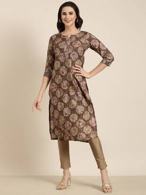 women's calf length round neck brown abstract straight kurta 2
