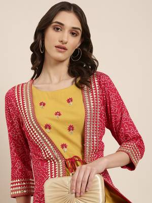 women's ankle length round neck mustard solid anarkali kurta 1