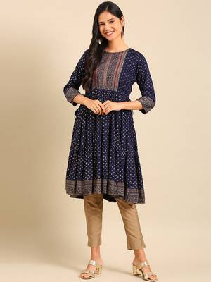 women's calf length round neck navy blue ethnic motifs anarkali kurta 1