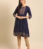 women's calf length round neck navy blue ethnic motifs anarkali kurta
