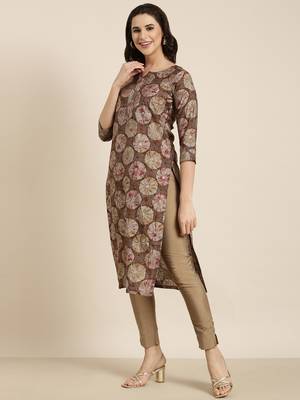 women's calf length round neck brown abstract straight kurta 3