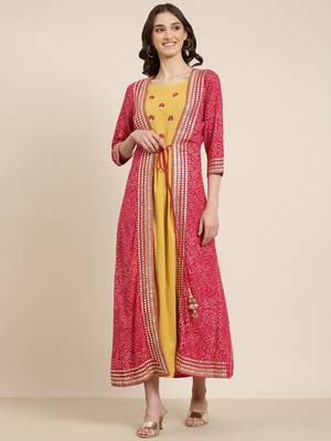 women's ankle length round neck mustard solid anarkali kurta 2